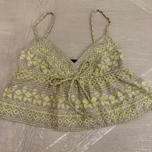 BCBGMaxAzria Green/Yellow and khaki Tie Front strappy tank cropped - Picture 1 of 5